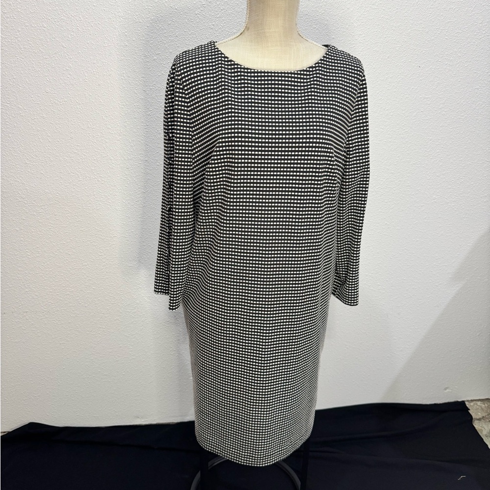 Chico's Black & White Patterned Long Sleeve Dress Jacquard Shift Womens 12 Midi